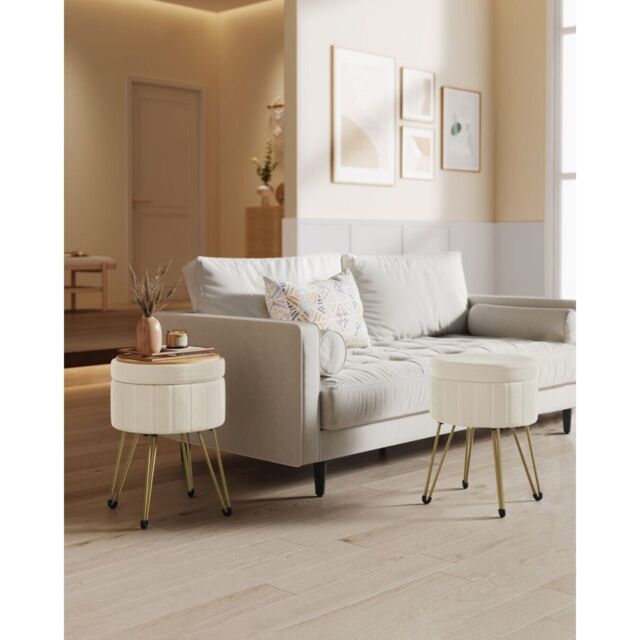SONGMICS Round Velvet Storage Ottoman Dressing Stool 4 Metal Legs in White - image 1