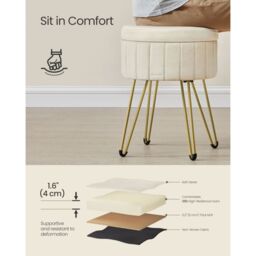 SONGMICS Round Velvet Storage Ottoman Dressing Stool 4 Metal Legs in White - thumbnail 3