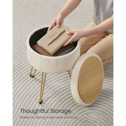 SONGMICS Round Velvet Storage Ottoman Dressing Stool 4 Metal Legs in White - thumbnail 5