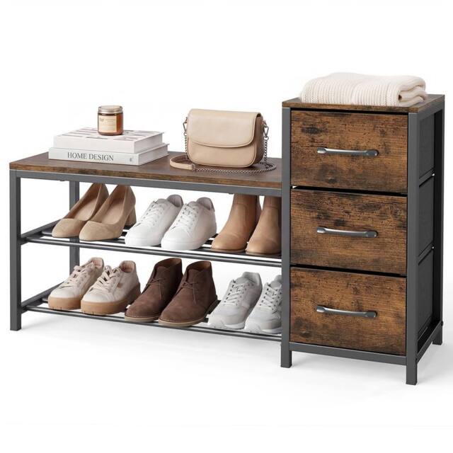 VOGREX Industrial 3-Tier Wooden Shoe Bench with 3 Drawers in Brown - image 1