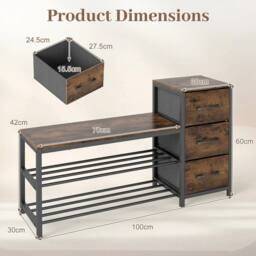 VOGREX Industrial 3-Tier Wooden Shoe Bench with 3 Drawers in Brown - thumbnail 3