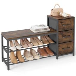 VOGREX Industrial 3-Tier Wooden Shoe Bench with 3 Drawers in Brown - thumbnail 2
