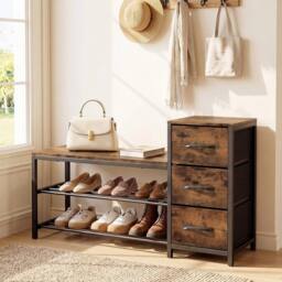VOGREX Industrial 3-Tier Wooden Shoe Bench with 3 Drawers in Brown - thumbnail 4