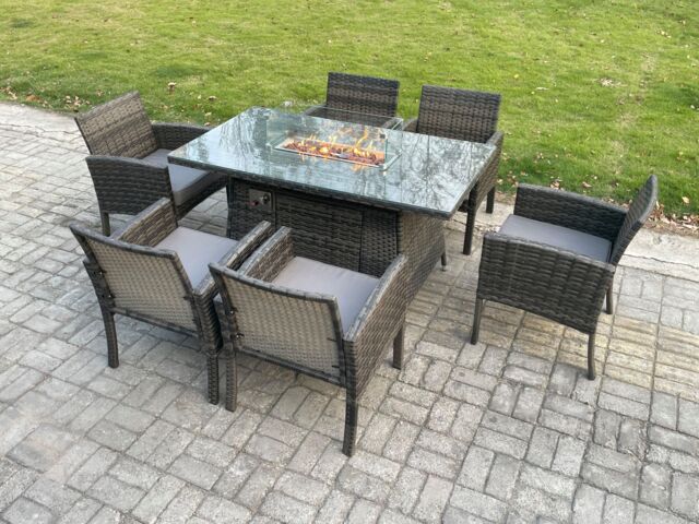Fimous Outdoor Rattan Garden Furniture Set Gas Fire Pit Rectangular Table Sets Gas Heater with 6 Seater Dining Chairs Dark Grey Mixed - image 1