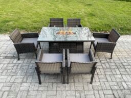 Fimous Outdoor Rattan Garden Furniture Set Gas Fire Pit Rectangular Table Sets Gas Heater with 6 Seater Dining Chairs Dark Grey Mixed - thumbnail 2