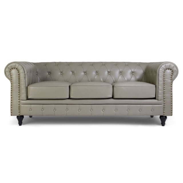 Bravich LTD Chesterfield Scroll Arm Faux Leather Sofa Buttoned Back Settee in Grey - Size: 1 Seater - image 1