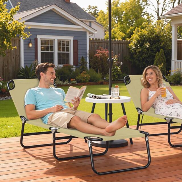 OUTSUNNY Folding Lounge Chair Outdoor Chaise Lounge for Bench Patio in Beige - image 1