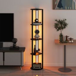Costway Modern Shelf Floor Lamp Wood Display Rack w/ 4 LED Strips in Black - thumbnail 4