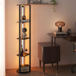 Costway Modern Shelf Floor Lamp Wood Display Rack w/ 4 LED Strips in Black - thumbnail 9