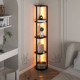Costway Modern Shelf Floor Lamp Wood Display Rack w/ 4 LED Strips in Black - thumbnail 5
