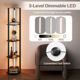 Costway Modern Shelf Floor Lamp Wood Display Rack w/ 4 LED Strips in Black - thumbnail 6