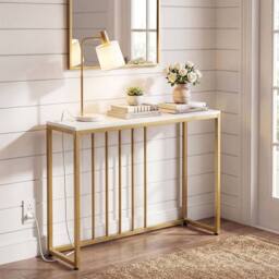 KORVIXA Narrow Sofa Table with Gold Metal Frame in White - Size: 100 cm x 100 cm - thumbnail 3