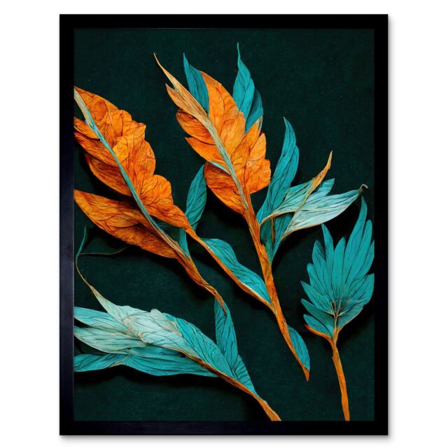 "Artery8 Wall Art Print Striking Modern Bright Teal & Orange Detailed Dried Leaves on Black Art Framed - Size: W12"" x H16""" - image 1