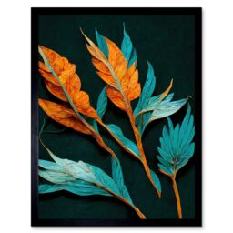 "Artery8 Wall Art Print Striking Modern Bright Teal & Orange Detailed Dried Leaves on Black Art Framed - Size: W12"" x H16""" - thumbnail 1