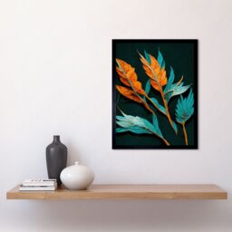 "Artery8 Wall Art Print Striking Modern Bright Teal & Orange Detailed Dried Leaves on Black Art Framed - Size: W12"" x H16""" - thumbnail 2