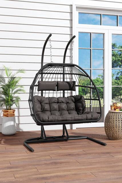H&O Direct Outdoor Hanging 2-Seater Egg Chair in Black - image 1