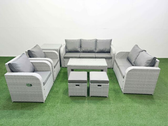 Fimous PE Rattan Garden Furniture Set Adjustable Chair Sofa Double Love Seat 2 Seater Sofa Lounge Set Rectangular Coffee Table 2 Stools Side Table - image 1