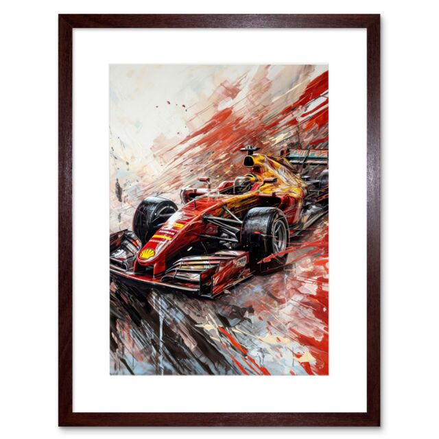 "Artery8 Wall Art Print Grand Prix Red Race Car Action Shot Paint Splat Artwork Framed 9X7 Inch in Brown - Size: W7"" x H9""" - image 1