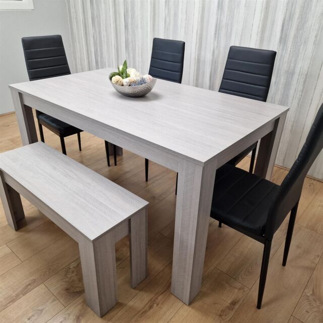 KOSY KOALA Modern Grey Rectangle Dining Table Set With 4 Black Metal Chairs & 1 Bench Dining Room Furniture in Brown - image 1