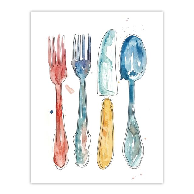 "Artery8 Cutlery Fork Knife Spoon Bright Happy Watercolour Wall Art Print in Grey - Size: W24"" x H32""" - image 1