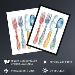 "Artery8 Cutlery Fork Knife Spoon Bright Happy Watercolour Wall Art Print in Grey - Size: W24"" x H32""" - thumbnail 2