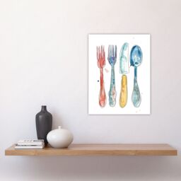 "Artery8 Cutlery Fork Knife Spoon Bright Happy Watercolour Wall Art Print in Grey - Size: W24"" x H32""" - thumbnail 4