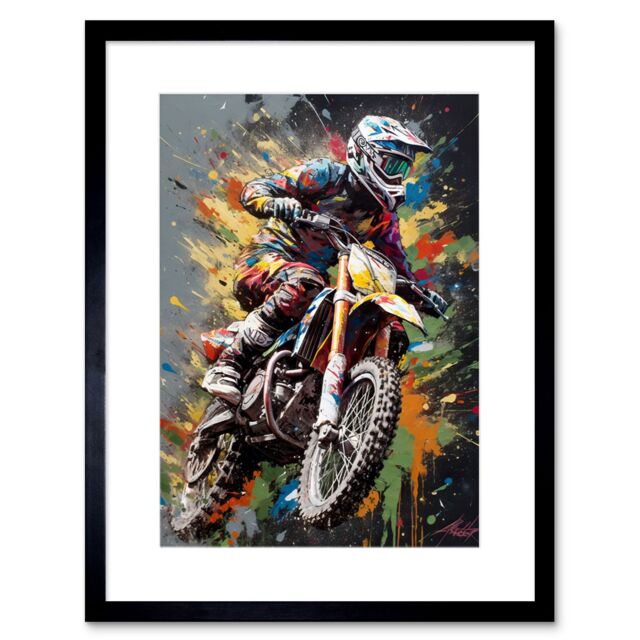 "Artery8 Wall Art Print Dirt Bike Sport Splatter Paint Motocross Rider Artwork Framed 9X7 Inch in Black - Size: W7"" x H9""" - image 1
