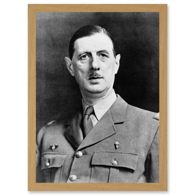 Artery8 President War General Charles De Gaulle French Portrait A4 Artwork Framed Wall Art Print in Light Oak - image 1