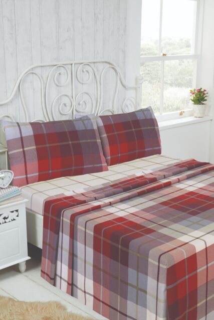 Rapport Home Lomond Brushed Cotton Check Luxury Flannelette Complete Sheet Set in Red - Size: Double - image 1