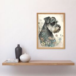 "Artery8 Wall Art Print Grey Schnauzer Dog & Spring Flowers Boho Portrait Watercolour Art Framed in Light Oak - Size: W12"" x H16""" - thumbnail 2