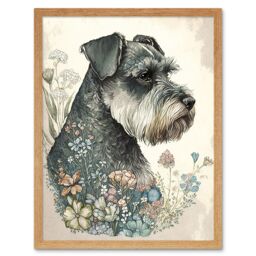 "Artery8 Wall Art Print Grey Schnauzer Dog & Spring Flowers Boho Portrait Watercolour Art Framed in Light Oak - Size: W12"" x H16""" - thumbnail 1