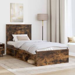 Berkfield Home Bed Frame with Headboard Smoked Oak 75 x 190 cm Solid Pine Wood in Brown - thumbnail 3