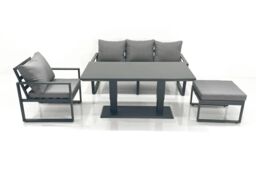 Fimous Outdoor Aluminium Garden Furniture Set with Adjustable Rising Lifting Dining Table 3 Seater Sofa Chair Big Footstool Dark Grey - thumbnail 2