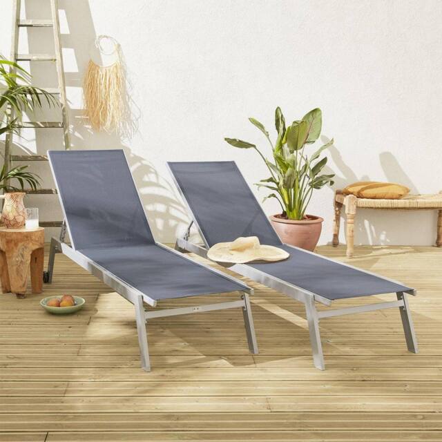 sweeek Set Of 2 Multi-position Aluminium Sun Loungers With Wheels in Grey - image 1