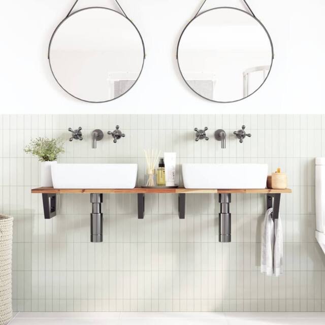 Berkfield Home Elegant Basin Shelf Wall Mounted Steel & Solid Wood Acacia in Brown - image 1