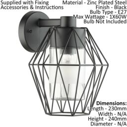 Loops IP44 Outdoor Wall Light Black Wire Cage Shade 1 x 60W E27 Bulb Porch Lamp - thumbnail 2