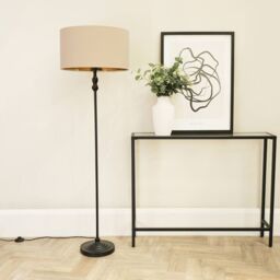 ValueLights Maggie Black Metal Candlestick Floor Lamp with Beige & Metallic Gold Shade