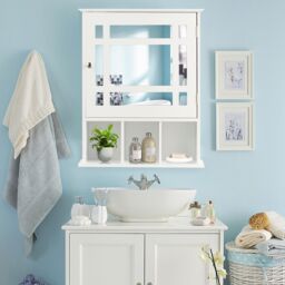 Costway Bathroom Wall Storage Cabinet Wooden Hanging Medicine Organizer with Mirror White - thumbnail 3