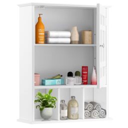 Costway Bathroom Wall Storage Cabinet Wooden Hanging Medicine Organizer with Mirror White - thumbnail 4