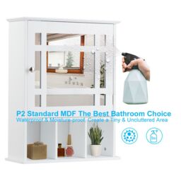 Costway Bathroom Wall Storage Cabinet Wooden Hanging Medicine Organizer with Mirror White - thumbnail 2