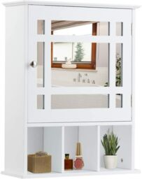 Costway Bathroom Wall Storage Cabinet Wooden Hanging Medicine Organizer with Mirror White