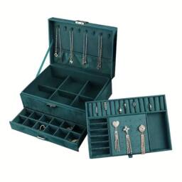 Dyzi Velvet 3 Layer Lockable Jewellery Box Large Storage Case Organizer in Dark Green - thumbnail 4