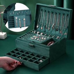 Dyzi Velvet 3 Layer Lockable Jewellery Box Large Storage Case Organizer in Dark Green - thumbnail 3