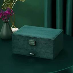 Dyzi Velvet 3 Layer Lockable Jewellery Box Large Storage Case Organizer in Dark Green - thumbnail 5