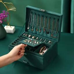 Dyzi Velvet 3 Layer Lockable Jewellery Box Large Storage Case Organizer in Dark Green - thumbnail 6