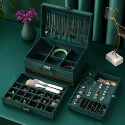 Dyzi Velvet 3 Layer Lockable Jewellery Box Large Storage Case Organizer in Dark Green