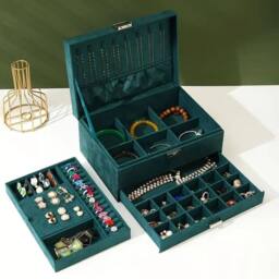 Dyzi Velvet 3 Layer Lockable Jewellery Box Large Storage Case Organizer in Dark Green - thumbnail 2
