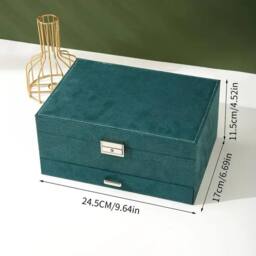 Dyzi Velvet 3 Layer Lockable Jewellery Box Large Storage Case Organizer in Dark Green - thumbnail 8