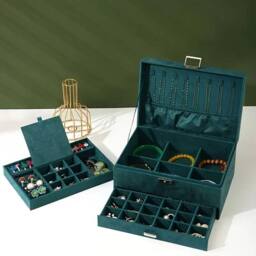 Dyzi Velvet 3 Layer Lockable Jewellery Box Large Storage Case Organizer in Dark Green - thumbnail 7