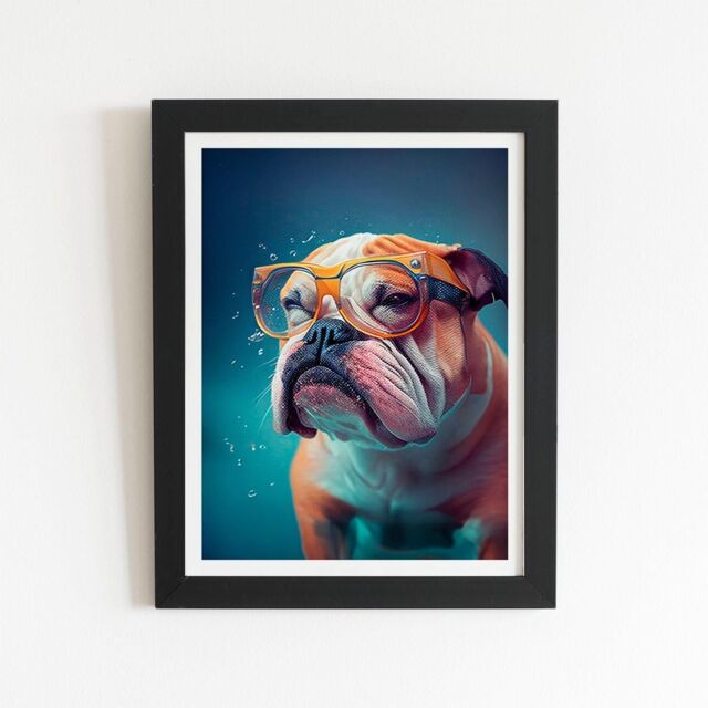 "Warren Reed - Designer Bulldog With Glasses Splashart Framed Art Print in Black - Size: W24"" x H36""" - image 1